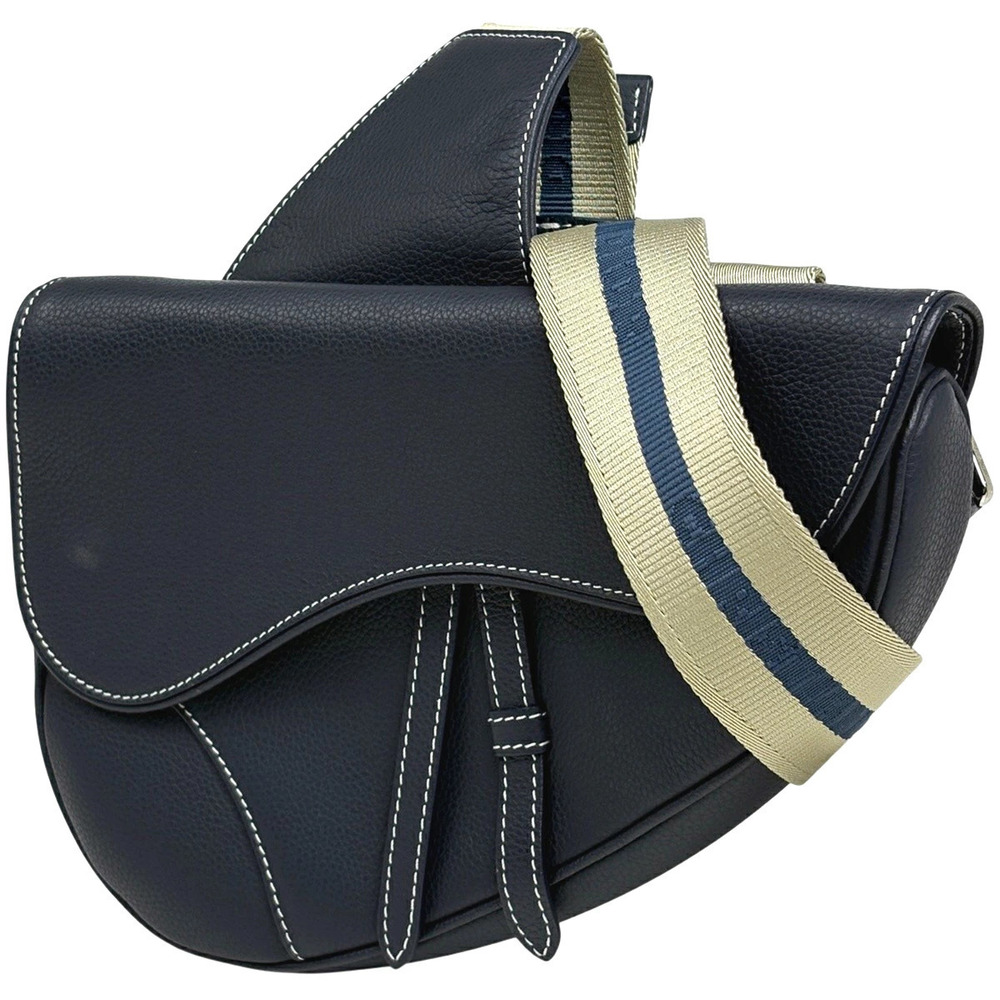 Christian Dior Saddle Bag Waist Body Shoulder Leather Navy Blue